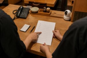 閉店後の飲食店でカスハラ対応手順を確認するスタッフの手元と店内カウンター