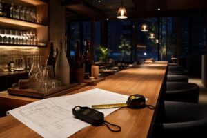深夜営業予定のバー店内で平面図と照明設備を確認するイメージ