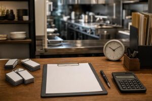 飲食店の事務スペースで36協定の届出準備をするための書類、時計、電卓、シフト表を並べた様子