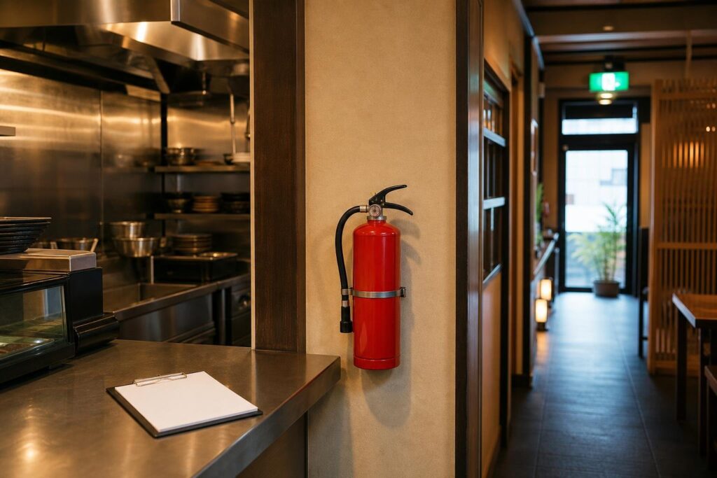 飲食店の厨房入口に設置された消火器と誘導灯、点検用クリップボード