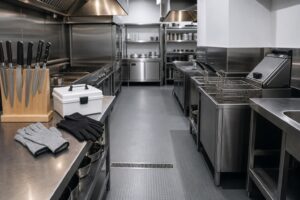 飲食店の雇入れ時安全衛生教育で確認する厨房の刃物、保護手袋、救急箱、滑りにくい床