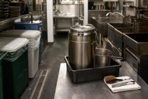 飲食店の厨房で漏えい防止トレーに置かれた廃食用油の密閉保管容器