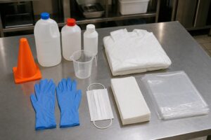 飲食店の嘔吐物処理に備えた手袋・マスク・ガウン・ペーパータオル・消毒用品の処理キット
