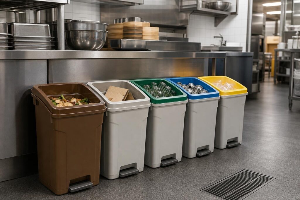 飲食店の事業系ごみを生ごみ、段ボール、びん、缶、プラスチックに分別した保管スペース