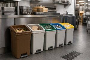 飲食店の事業系ごみを生ごみ、段ボール、びん、缶、プラスチックに分別した保管スペース