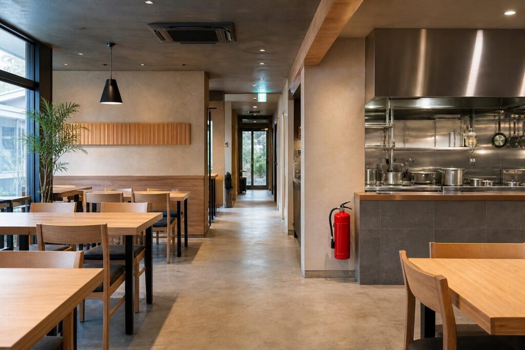 営業前の飲食店で消火器、厨房、避難通路を確認する防火管理のイメージ