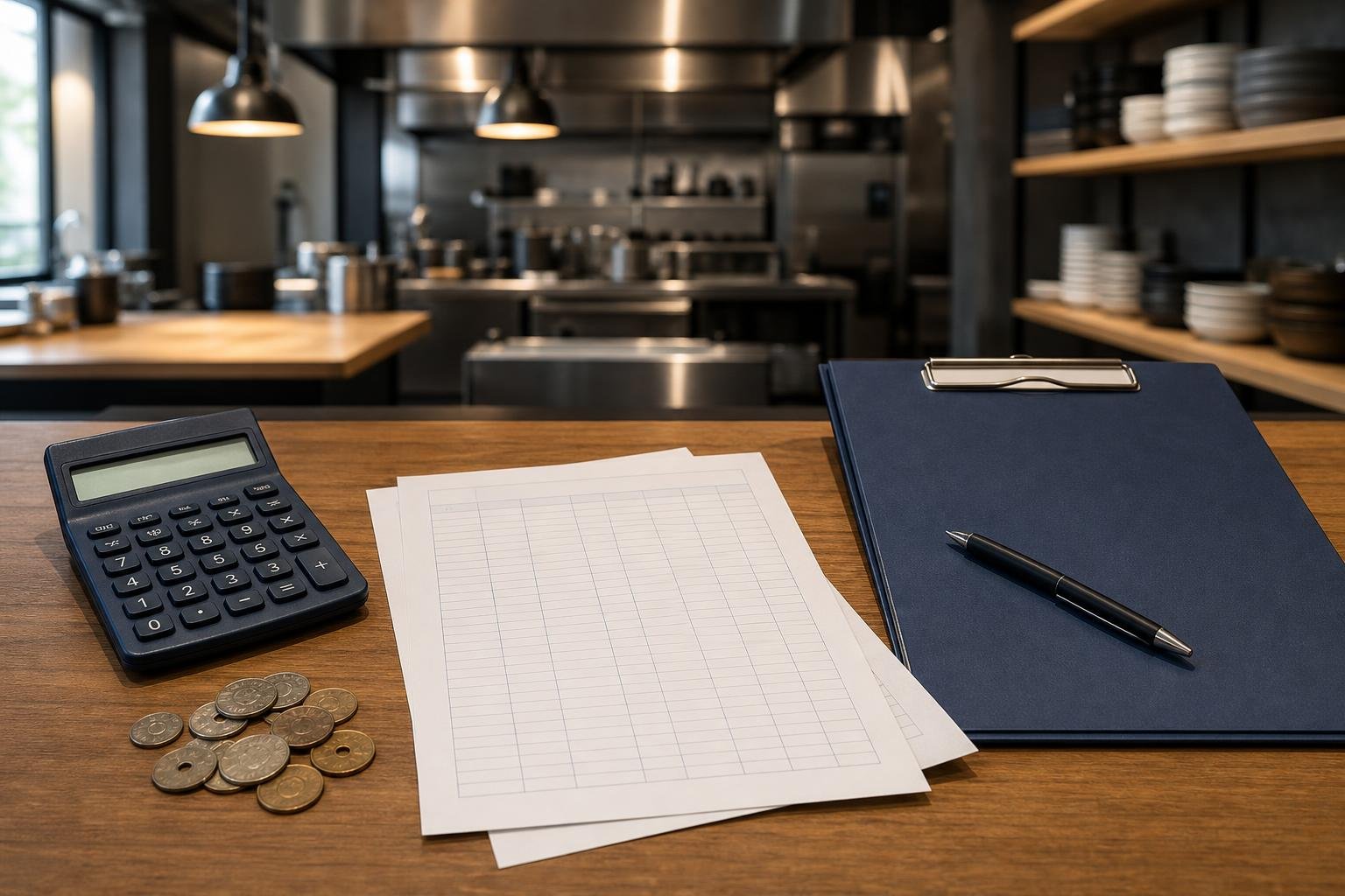 給与台帳と電卓を使って2026年の最低賃金を確認する飲食店のバックオフィス