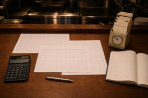 飲食店のシフト表、タイムカード、電卓、給与計算資料を並べたデスク