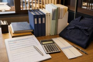 飲食店の事務スペースに置かれたシフト表、給与計算用の電卓、労務書類ファイルとエプロン