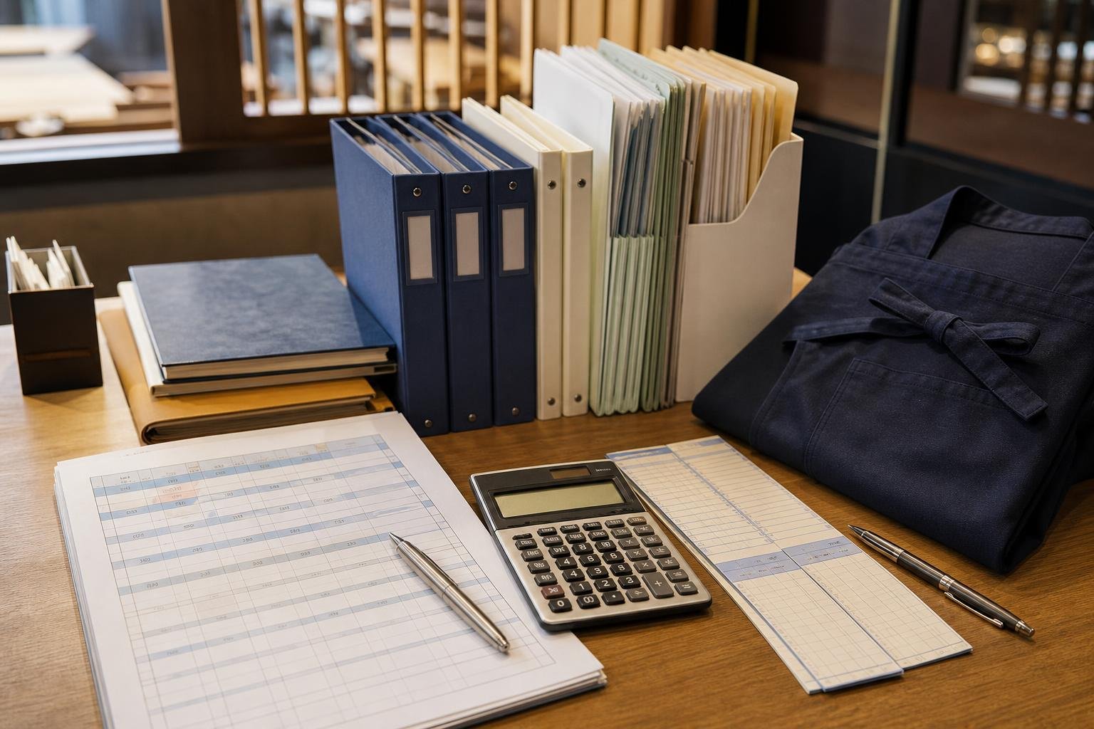 飲食店の事務スペースに置かれたシフト表、給与計算用の電卓、労務書類ファイルとエプロン