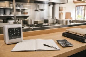 飲食店の法定三帳簿を管理するタイムレコーダー、帳簿、電卓