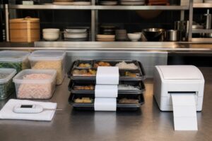 テイクアウト用弁当と無地の食品表示ラベルを並べた飲食店の作業台