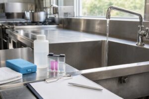 飲食店 水質検査の採水ボトルと残留塩素測定器を置いた厨房の蛇口