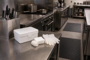 飲食店の労災事故対応に備えて救急箱と安全用品を配置した業務用厨房